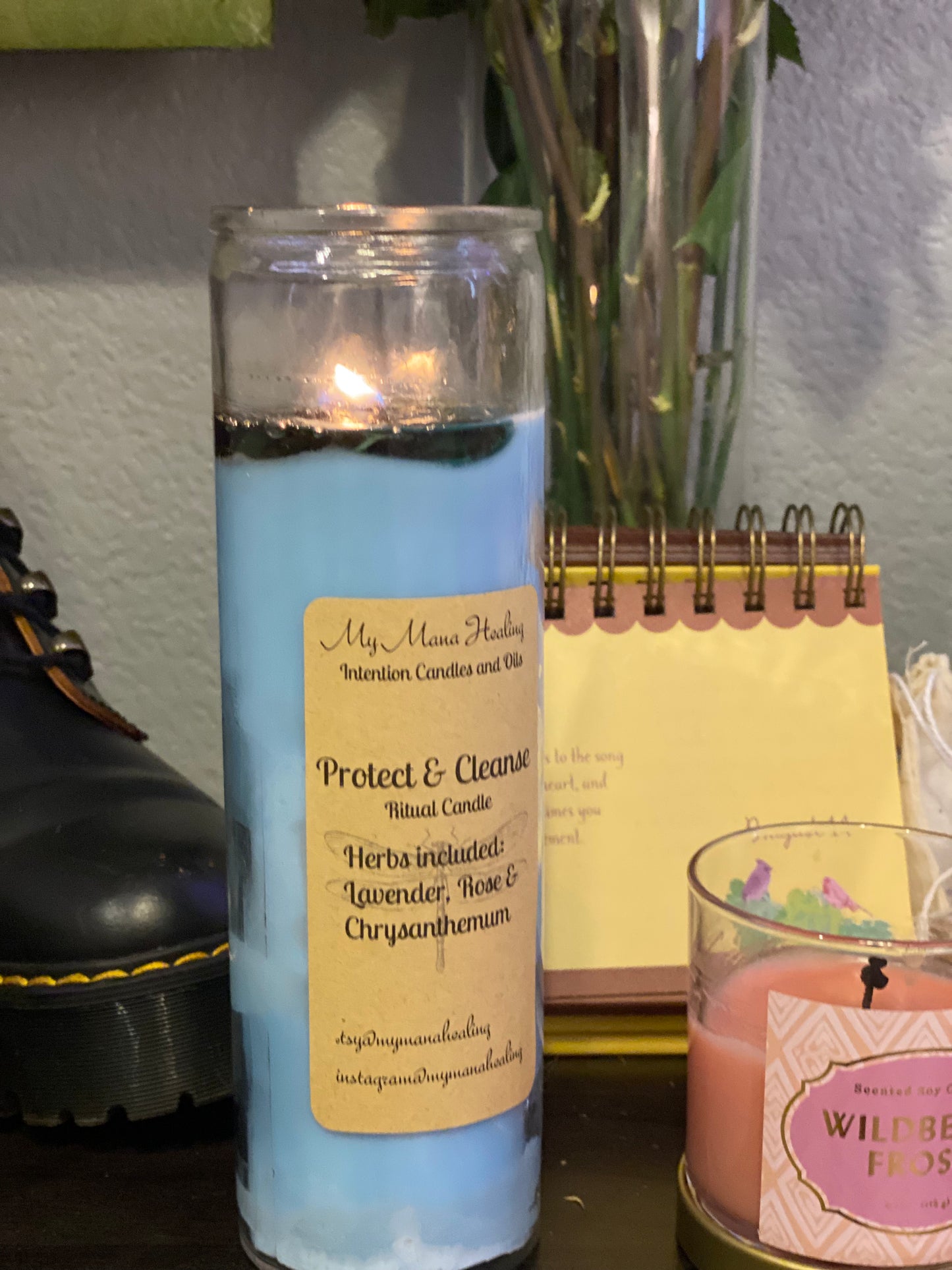 Protect & Cleanse Ritual Candle with Herbs Plumeria, Palo Santo and Rose